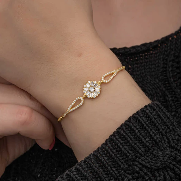 925 Ayar Gümüş Gold Baget Taşlı Kadın Bileklik - Resim 5