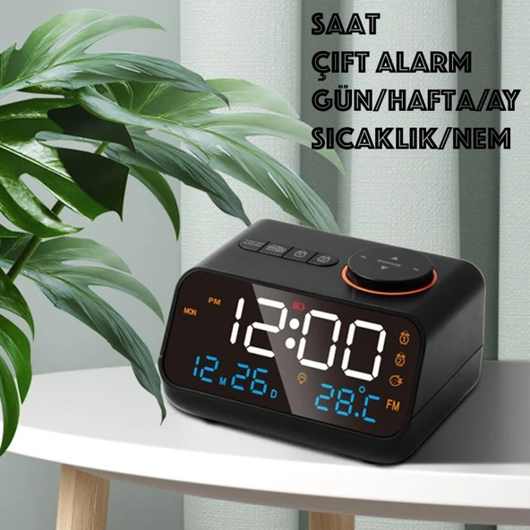 HyMark Dekoratif LED Dijital Saat FM Radyo 2 Alarm Sıcaklık ve Nem Göstergeli Şarjlı Pilli Saat - 2