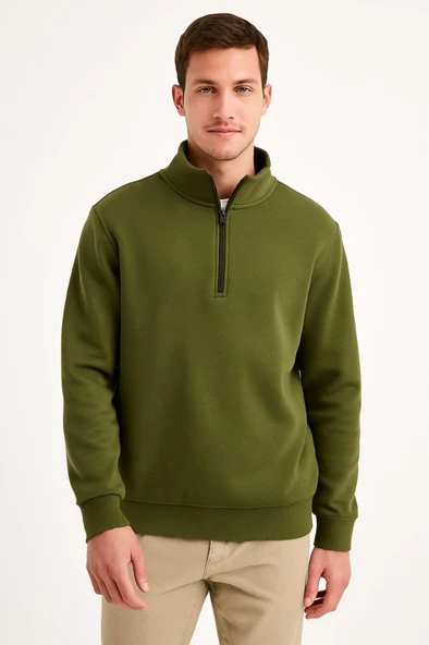 Erkek Dik Yaka Sweatshirt Dik Yaka Yarım Fermuarlı 3 İplik Şardonlu Pamuk Kumaş - Haki