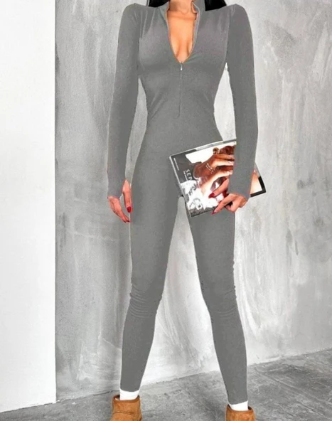 Kadın Uzun Kollu V Yaka Baş Parmak Geçirmeli Detay Kaşkorse Tulum - 3