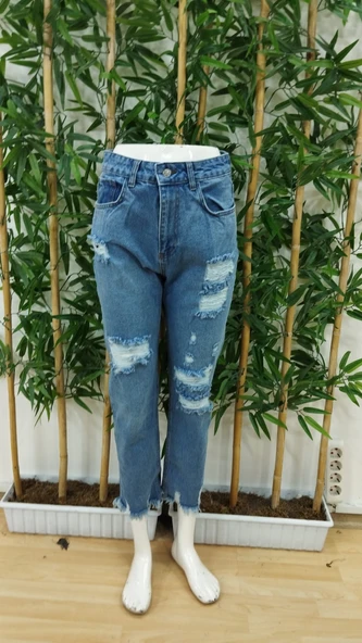 Kadın Dar Kesim Cepli önden Yırtık Desenli Denim Pantolon - Resim 5