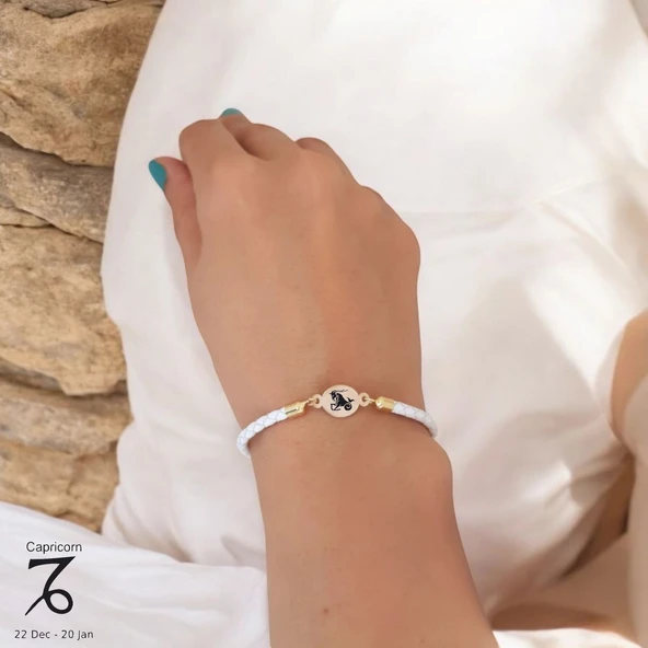 14 Ayar Altın Plakalı Burca Özel Oval Figürlü Doğal Beyaz Derili Hediye Bileklik-529 - Resim 2