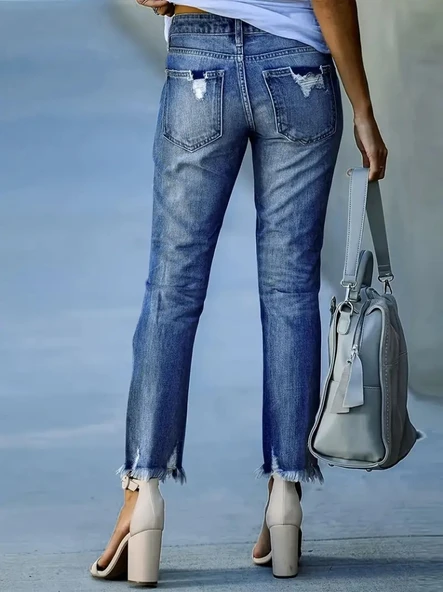 Kadın Dar Kesim Cepli önden Yırtık Desenli Denim Pantolon - Resim 4