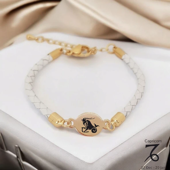 14 Ayar Altın Plakalı Burca Özel Oval Figürlü Doğal Beyaz Derili Hediye Bileklik-529 ürün görseli