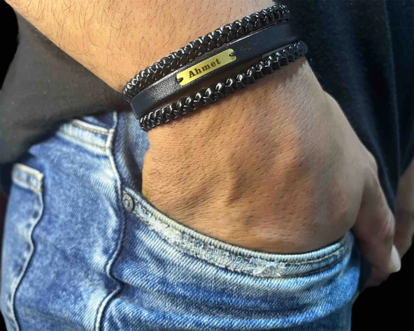 14 Ayar Altın Plakalı İsme Özel Dikdörtgen Motifli Hakiki Siyah Derili Hediye Bileklik-530 - Resim 2