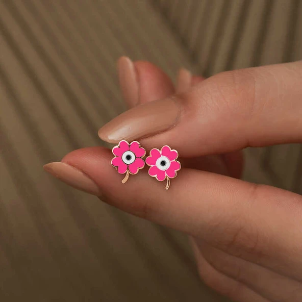 BlackCraft ​925 Ayar Gümüş Fosforlu Pembe Yonca Küpe (BC-2D5951) - Resim 3