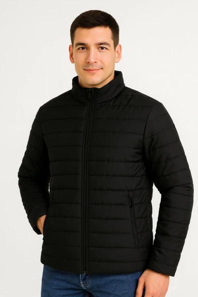 Erkek Bomber Mont Ceket – Su İtici Kumaş, Kapitone Astarlı, Fermuarlı, Kışlık - Siyah - 4