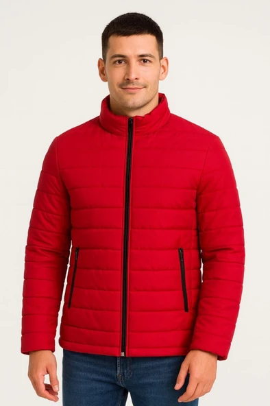 Erkek Bomber Mont Ceket – Su İtici Kumaş, Kapitone Astarlı, Fermuarlı, Kışlık - Kırmızı - 4