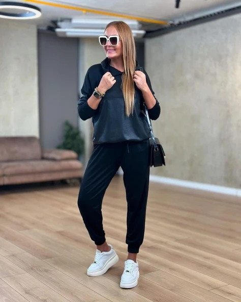 Kadın Uzun Kollu Kapşonlu Viskon Iki Iplik Bluz Ve Pantolon Ikili Takım - 3