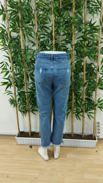 Kadın Dar Kesim Cepli önden Yırtık Desenli Denim Pantolon - Resim 7