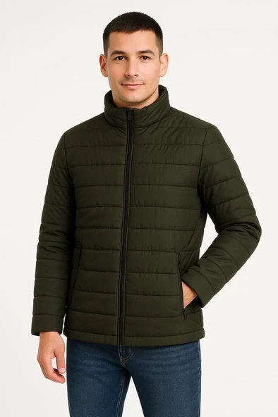 Erkek Bomber Mont Ceket – Su İtici Kumaş, Kapitone Astarlı, Fermuarlı, Kışlık - Haki - 3