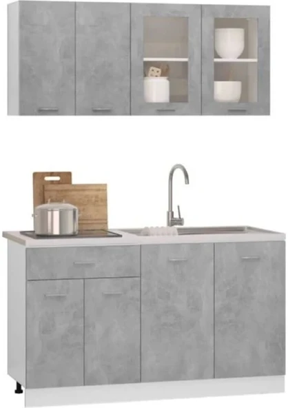 T Designo Efsun Mutfak 140 cm Tezgah Dahil Beton Görünümlü - Cam Kapak - Resim 2