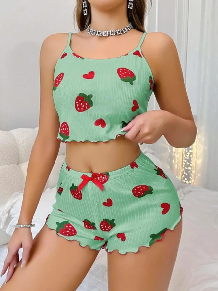Kadın Yeşil Çilek desenli Şortlu Pijama Takımı 5060 - 2