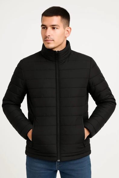 Erkek Bomber Mont Ceket – Su İtici Kumaş, Kapitone Astarlı, Fermuarlı, Kışlık - Siyah - 3