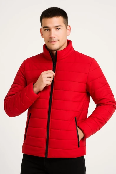Erkek Bomber Mont Ceket – Su İtici Kumaş, Kapitone Astarlı, Fermuarlı, Kışlık - Kırmızı - 3