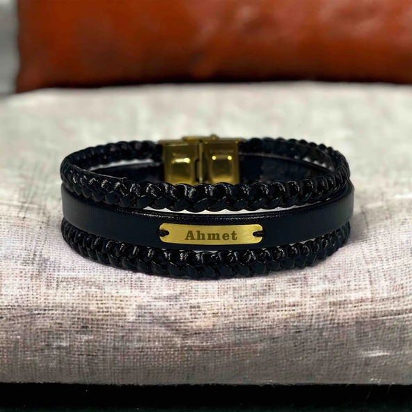 14 Ayar Altın Plakalı İsme Özel Dikdörtgen Motifli Hakiki Siyah Derili Hediye Bileklik-530 ürün görseli