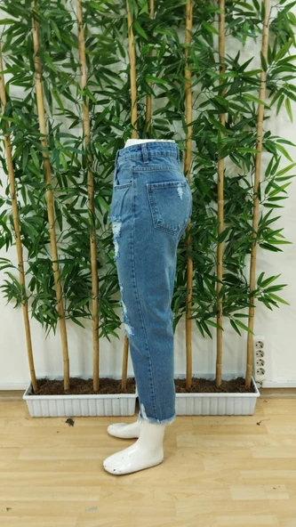 Kadın Dar Kesim Cepli önden Yırtık Desenli Denim Pantolon - Resim 6