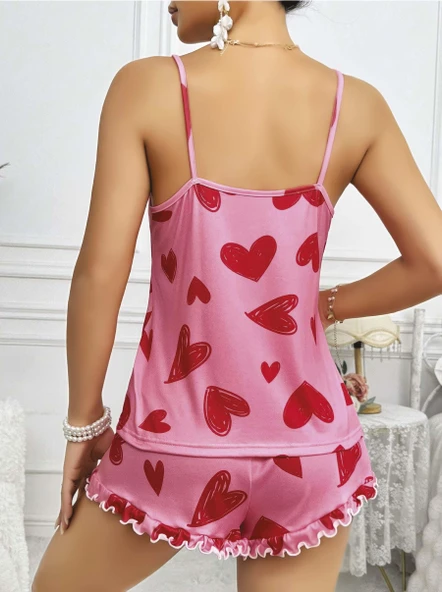Kadın Pembe Kalp Baskılı Şortlu Gecelik Pijama Takımı 5050 - 2