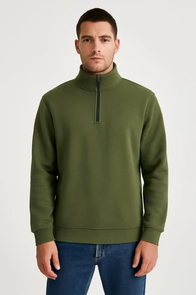 Erkek Dik Yaka Sweatshirt Dik Yaka Yarım Fermuarlı 3 İplik Şardonlu Pamuk Kumaş - Haki - 2