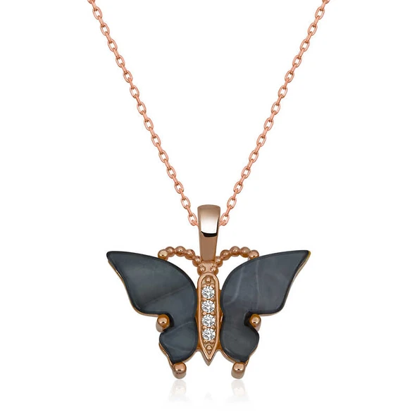 BlackCraft Gümüş Rose Antrasit Kaplangözü Taşlı Kelebek Kolye (BC-2A3B08) ürün görseli 1