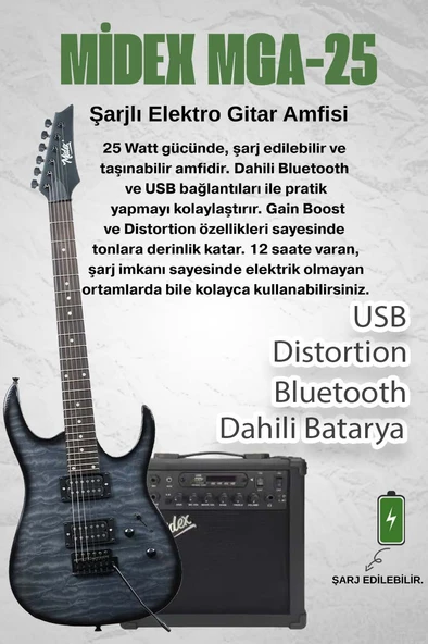 Midex Crade-25AMP Grey Rosewood Super Strat Kasa HH Yüksek Kaliteli 25W Amfili Elektro Gitar Seti - Resim 2
