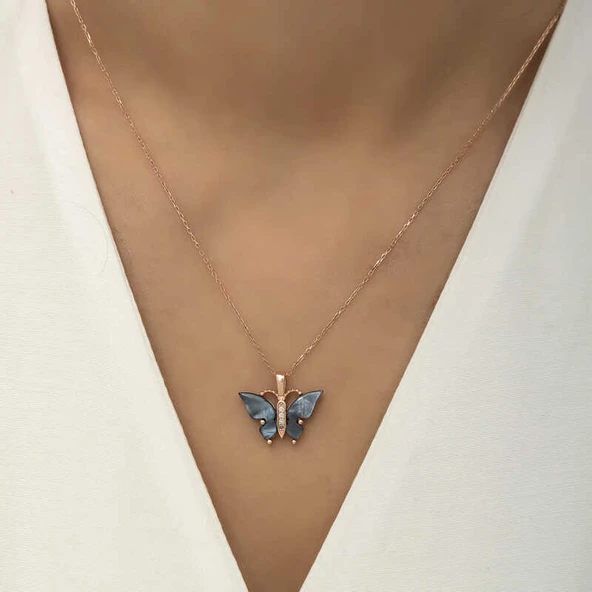 BlackCraft Gümüş Rose Antrasit Kaplangözü Taşlı Kelebek Kolye (BC-2A3B08) - Resim 3