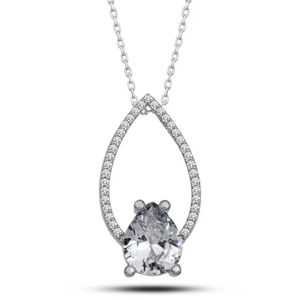 BlackCraft 925 Ayar Gümüş Beyaz Taşlı Damla Kadın Gümüş Kolye (BC-9F4D2C) ürün görseli 1