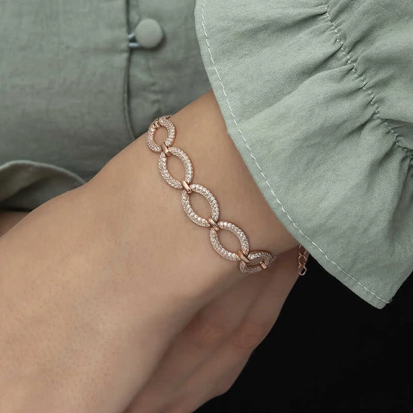 BlackCraft 925 Ayar Gümüş Rose Oval Taşlı Bileklik (BC-E08CC4) - Resim 5