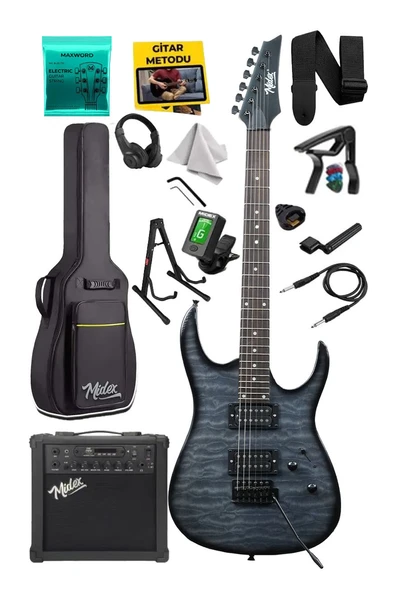 Midex Crade-25AMP Grey Rosewood Super Strat Kasa HH Yüksek Kaliteli 25W Amfili Elektro Gitar Seti ürün görseli 1