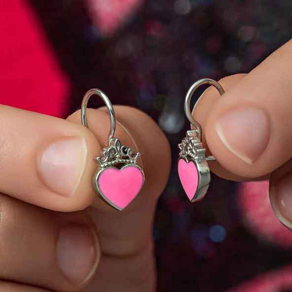 BlackCraft Gümüş Pembe Kalp Sallantılı Çocuk Küpe (BC-001814) - 2