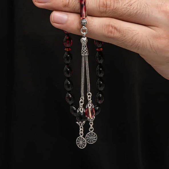 BlackCraft Gümüş Püskül Sıkma Kehribar Tesbih (BC-2EE3B4) - Resim 3