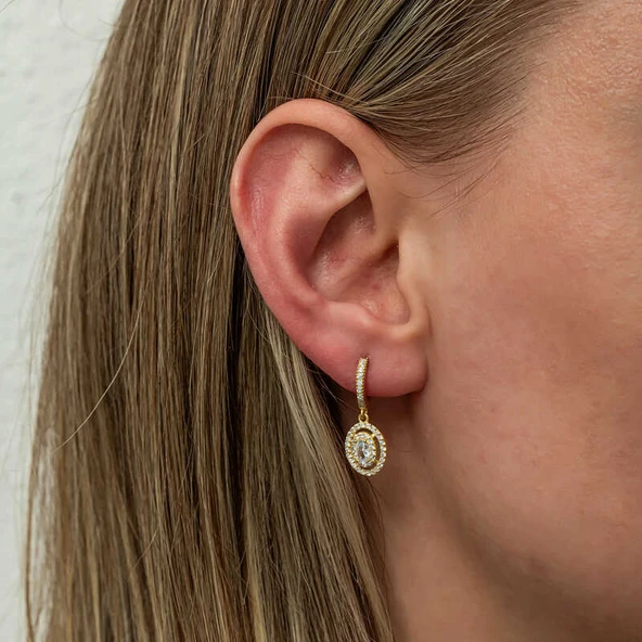 BlackCraft Gümüş Gold Oval Taşlı Sallantılı Küpe (BC-D7B302) - Resim 4