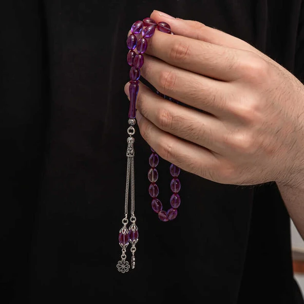 BlackCraft Gümüş Püskül Sıkma Kehribar Tesbih (BC-2EE3B4) - Resim 2