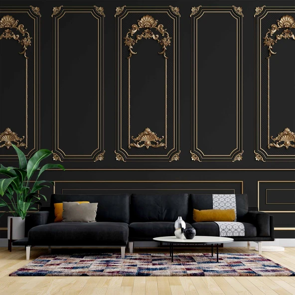 3 Boyutlu Saray Siyah Düz Panel Altın Motif Duvar Kağıdı Baskı ürün görseli