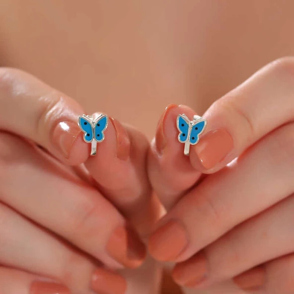 BlackCraft Gümüş Mavi Kelebek Çocuk Küpesi (BC-3544EE) - Resim 2