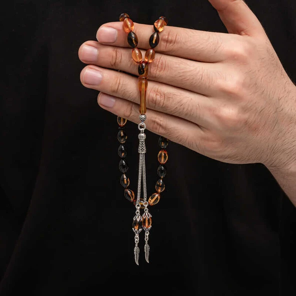 BlackCraft Gümüş Püskül Sıkma Kehribar Tesbih (BC-2EE3B4) - 3