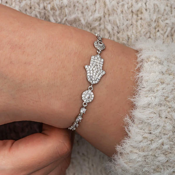 BlackCraft Gümüş Zirkon Taşlı Fatma Ana Eli Kadın Bileklik (BC-97FE26) - Resim 5