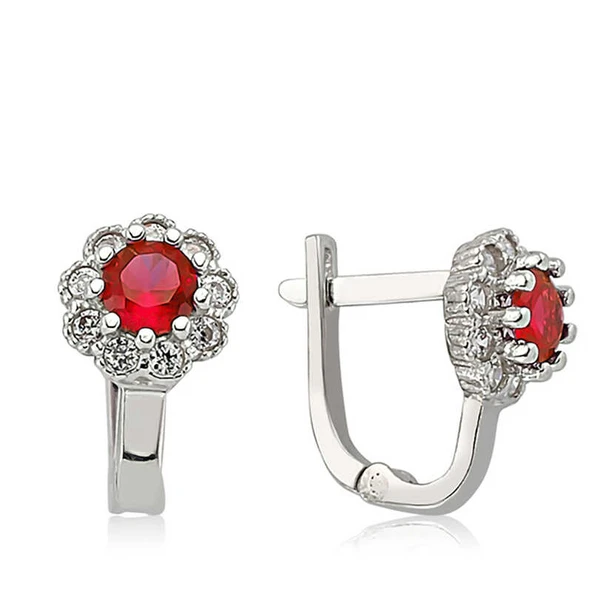 BlackCraft Gümüş Kırmızı Çiçek Desenli Yuvarlak J Kadın Küpe (BC-C2B1DE) - Resim 2