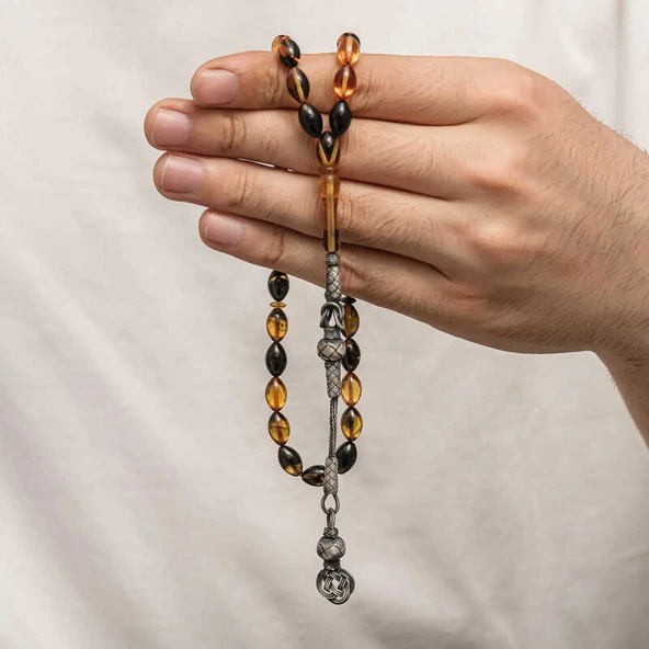 BlackCraft Gümüş Kazaz Püsküllü Sıkma Kehribar Tesbih (BC-E401FC)