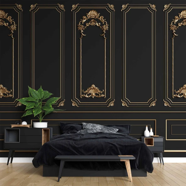 3 Boyutlu Saray Siyah Düz Panel Altın Motif Duvar Kağıdı Baskı - Resim 2
