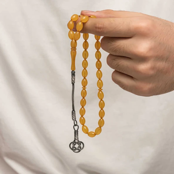 BlackCraft Gümüş Kazaz Püsküllü Sıkma Kehribar Tesbih (BC-E401FC) - Resim 2