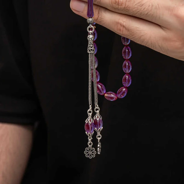 BlackCraft Gümüş Püskül Sıkma Kehribar Tesbih (BC-2EE3B4) - Resim 3