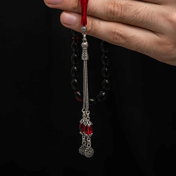 BlackCraft Gümüş Püskül Sıkma Kehribar Tesbih (BC-2EE3B4) - Resim 4