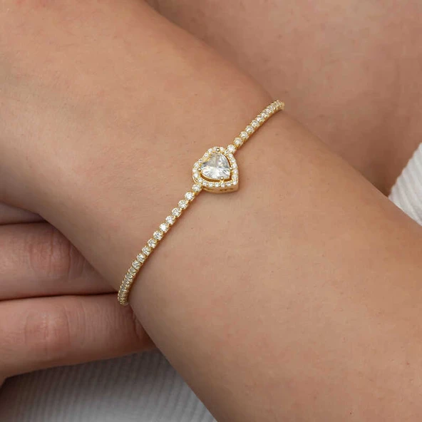 BlackCraft Gümüş Gold Kalpli Su Yolu Bileklik (BC-A6458B) - Resim 4