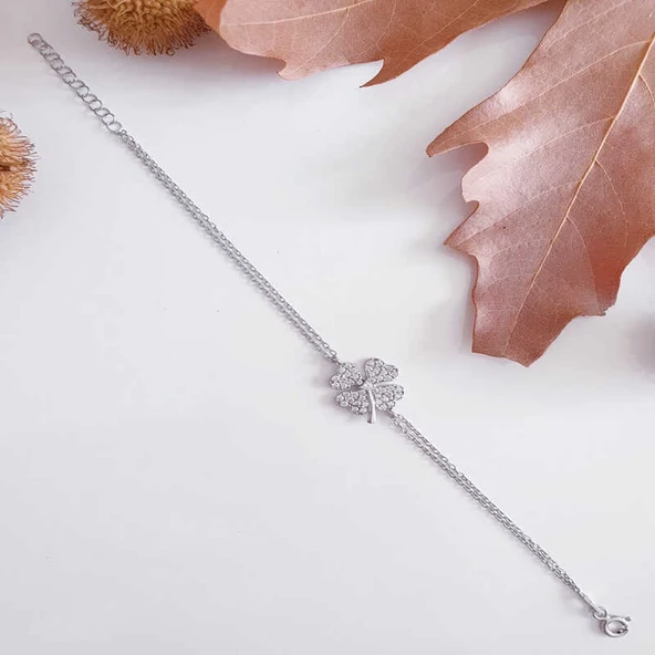 BlackCraft 925 Ayar Gümüş Kalpli Yonca Kadın Bileklik (BC-1F30F4) ürün görseli 1