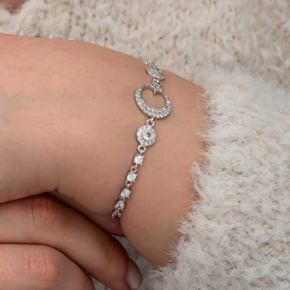 BlackCraft Gümüş Zirkon Taşlı Ay Yıldız Kadın Bileklik (BC-7FA4D4) - Resim 5