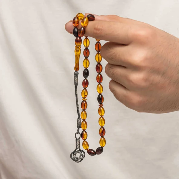 BlackCraft Gümüş Kazaz Püsküllü Sıkma Kehribar Tesbih (BC-E401FC) - 2