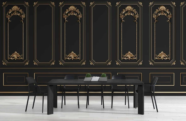 3 Boyutlu Saray Siyah Düz Panel Altın Motif Duvar Kağıdı Baskı - Resim 5
