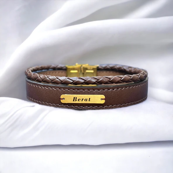 14 Ayar Altın Plakalı İsme Özel Dikdörtgen Figürlü Hakiki Kahverengi Derili Hediye Bileklik-531 ürün görseli