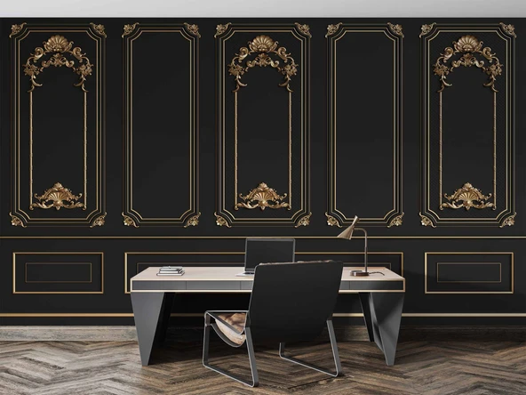 3 Boyutlu Saray Siyah Düz Panel Altın Motif Duvar Kağıdı Baskı - Resim 4
